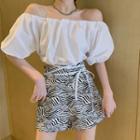 Off-shoulder Puff-sleeve Plain Tie-strap Top