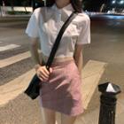 Short-sleeve Polo Cropped Top / Plaid Mini Skirt