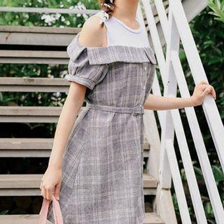 Mock Two-piece Plaid Off-shoulder Dress