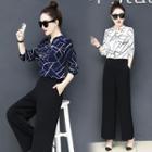 Elbow-sleeve Print Shirt / Wide-leg Pants / Set