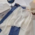 Long-sleeve V-neck Knit Top White - One Size