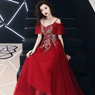 Embroidered Cold-shoulder A-line Mesh Evening Gown