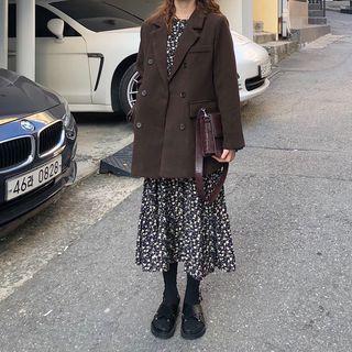 Double Breasted Coat / Long-sleeve Floral Midi Dress
