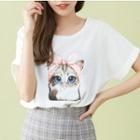 Cat Print Short Sleeve T-shirt White - One Size