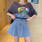 Loose-fit Printed T-shirt / Paperbag-waist Denim Mini Skirt