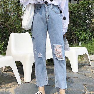 Cropped Straight-fit Distressed Jeans