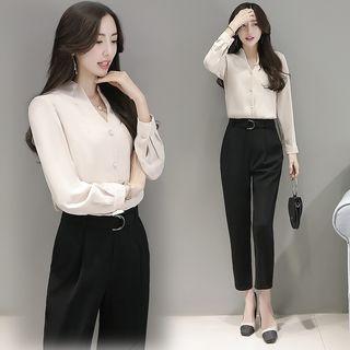 Set: V-neck Chiffon Blouse + Dress Pants