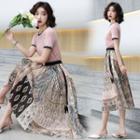 Set: Short Sleeve Contrast Trim Plain T-shirt + Print Pleated A-line Skirt