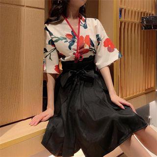 Set: Floral Print Elbow-sleeve Blouse + A-line Skirt Set - Shirt - Floral - One Size / A-line Skirt - Black - One Size