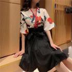 Set: Floral Print Elbow-sleeve Blouse + A-line Skirt Set - Shirt - Floral - One Size / A-line Skirt - Black - One Size