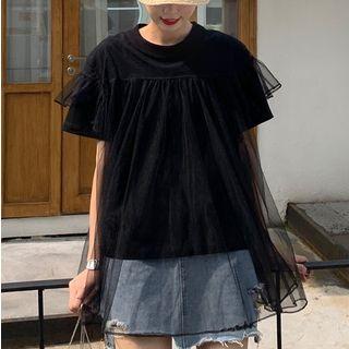 Mesh Panel Short Sleeve Top Black - One Size