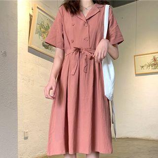 Short-sleeve Double Breasted Midi Dress Pink - One Size