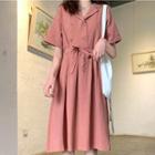 Short-sleeve Double Breasted Midi Dress Pink - One Size