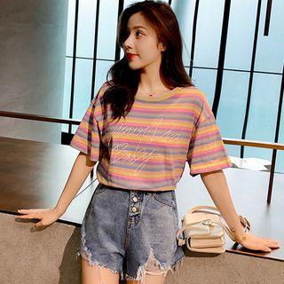 Set: Short-sleeve Striped T-shirt + Wide-leg Denim Shorts