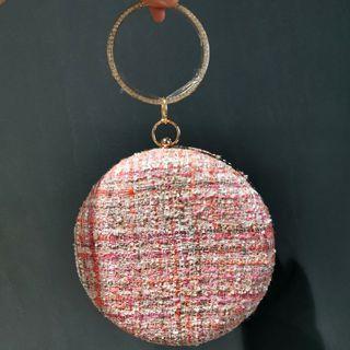 Rhinestone Loop Tweed Round Clutch Pink - One Size