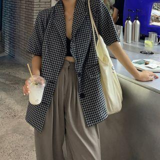 Gingham Short-sleeve Blazer / High-waist Dress Pants