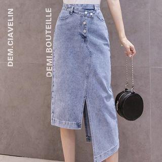 Asymmetric Slit Denim Midi Straight-fit Skirt