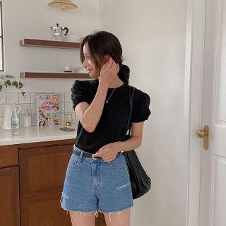 Slashed Fray-hem Denim Shorts