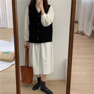 Puff Sleeve Plain Shirtdress / V-neck Corduroy Vest