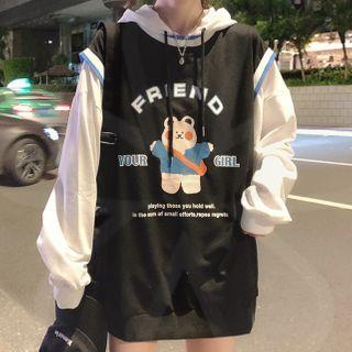 Mock Two-piece Cartoon Bear Print Hoodie