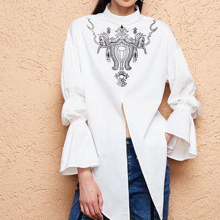 Mock Neck Print Cut Out Blouse