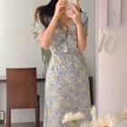 Short-sleeve Ruffled Floral Print A-line Midi Dress