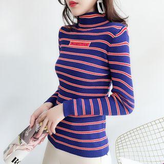 Mock-neck Striped Letter Knit Top