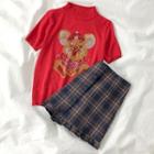 Mouse Print Short-sleeve Knit Top / Plaid Mini A-line Skirt