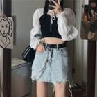 Two-tone Blouse / Distressed Denim Mini A-line Skirt