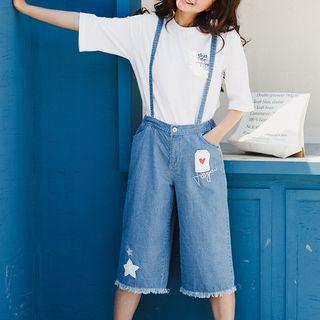 Star Applique Fray Hem Suspender Wide Leg Jeans