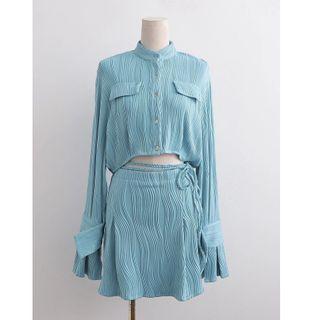 Long-sleeve Crop Shirt / Tie-strap Mini A-line Skirt