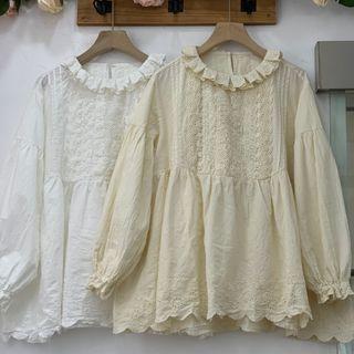 Long-sleeve Lace Cut Out Plain Blouse