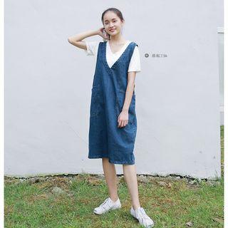 V-neck Midi Denim Pinafore Dress