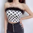 Furry Trim Dotted Strapless Cropped Top