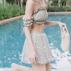 Set: Cold-shoulder Tankini Top + Flower Print Swim Skirt