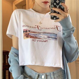 Short-sleeve Sea Print Cropped T-shirt