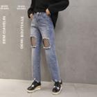Fishnet Panel Washed Straight Cut Jeans