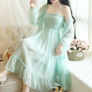 Set: Spaghetti Strap A-line Chiffon Dress + Light Jacket