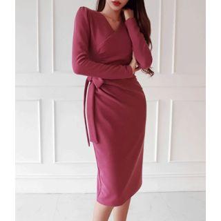 Surplice-wrap Shirred Midi Knit Dress