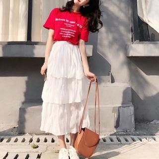 Set: Lettering Short-sleeve T-shirt + Midi Tiered Skirt