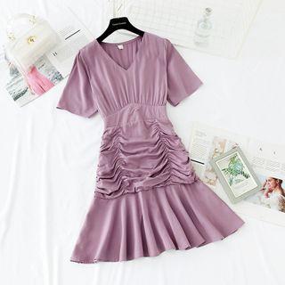 V-neck Ruched Front Ruffle Hem Midi Dress