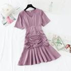 V-neck Ruched Front Ruffle Hem Midi Dress