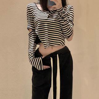 Mock Two-piece Long-sleeve Striped Crop Top / Tie-waist Wide Leg Pants