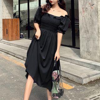 Puff-sleeve Frill Trim A-line Midi Dress
