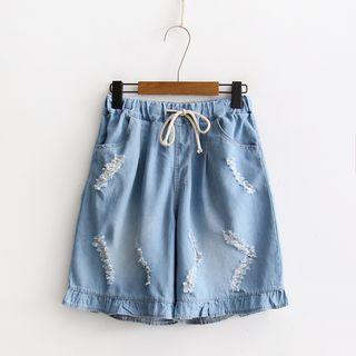 Distressed Drawstring Waist Frill Hem Denim Shorts