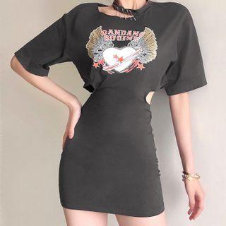 Elbow-sleeve Print Cut-out Mini Sheath Dress