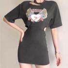 Elbow-sleeve Print Cut-out Mini Sheath Dress