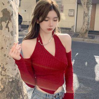 Plain Off Shoulder Ribbed Knit Top