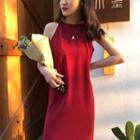 Plain Halter-neck Midi Knit Dress