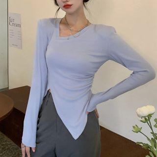 Long-sleeve Plain Asymmetric Slim Fit Top